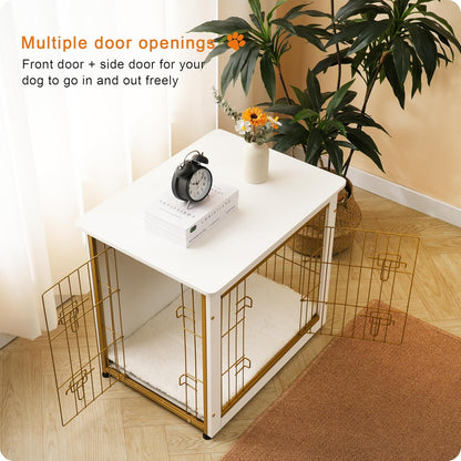 DWANTON Dog Crate Furniture with Cushion, Wooden Kennel Table with Double Doors, Indoor Dog House