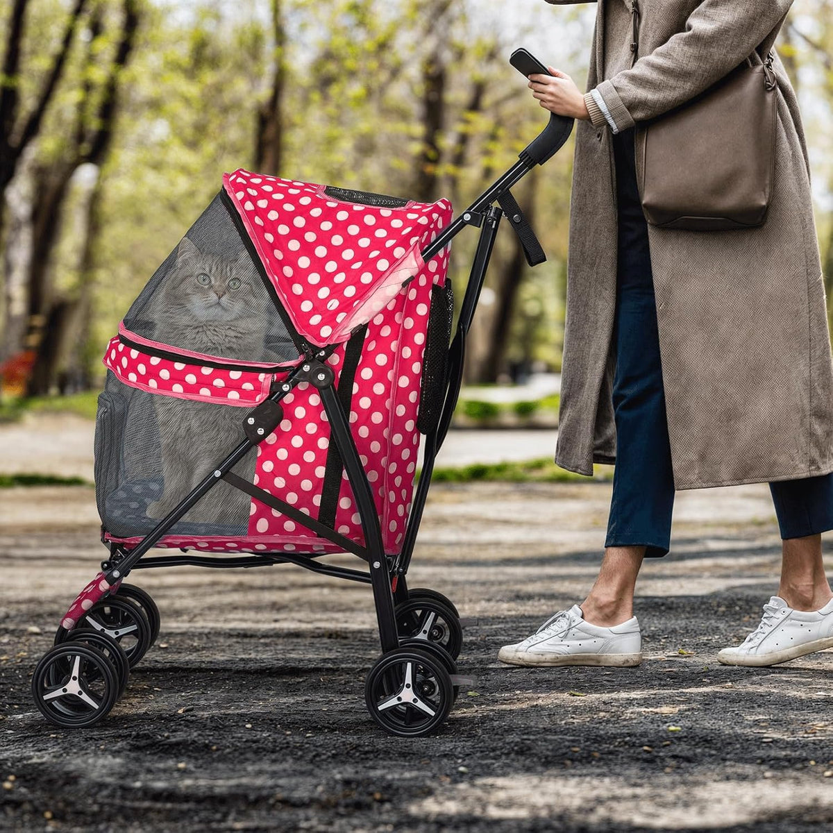 MoNiBloom 4 Wheels Pet Stroller, Easy-Fold Umbrella Shaped Dog Cat Jogger Stroller w/Storage Bag &