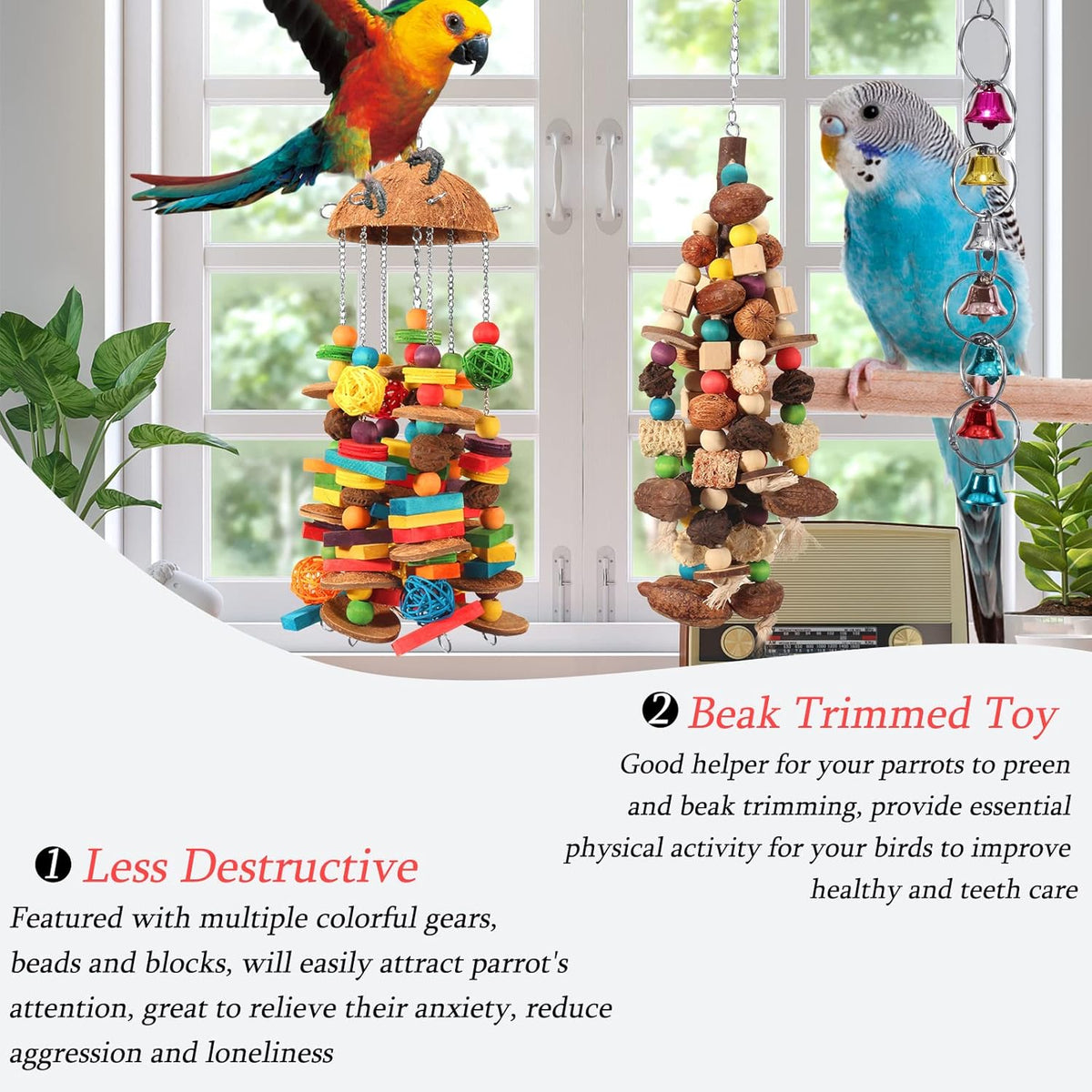 Bird Parrot Toys Natural Large Parrot Blocks Toy Colorful Bird Chewing Toys with Bells for Macaw