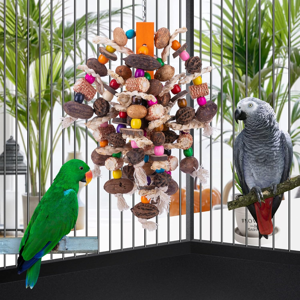 Deloky Large Parrot Bird Chewing Toys, Natural Nuts Corn Parrot Tearing Toy, Wooden Bird Cage Toy