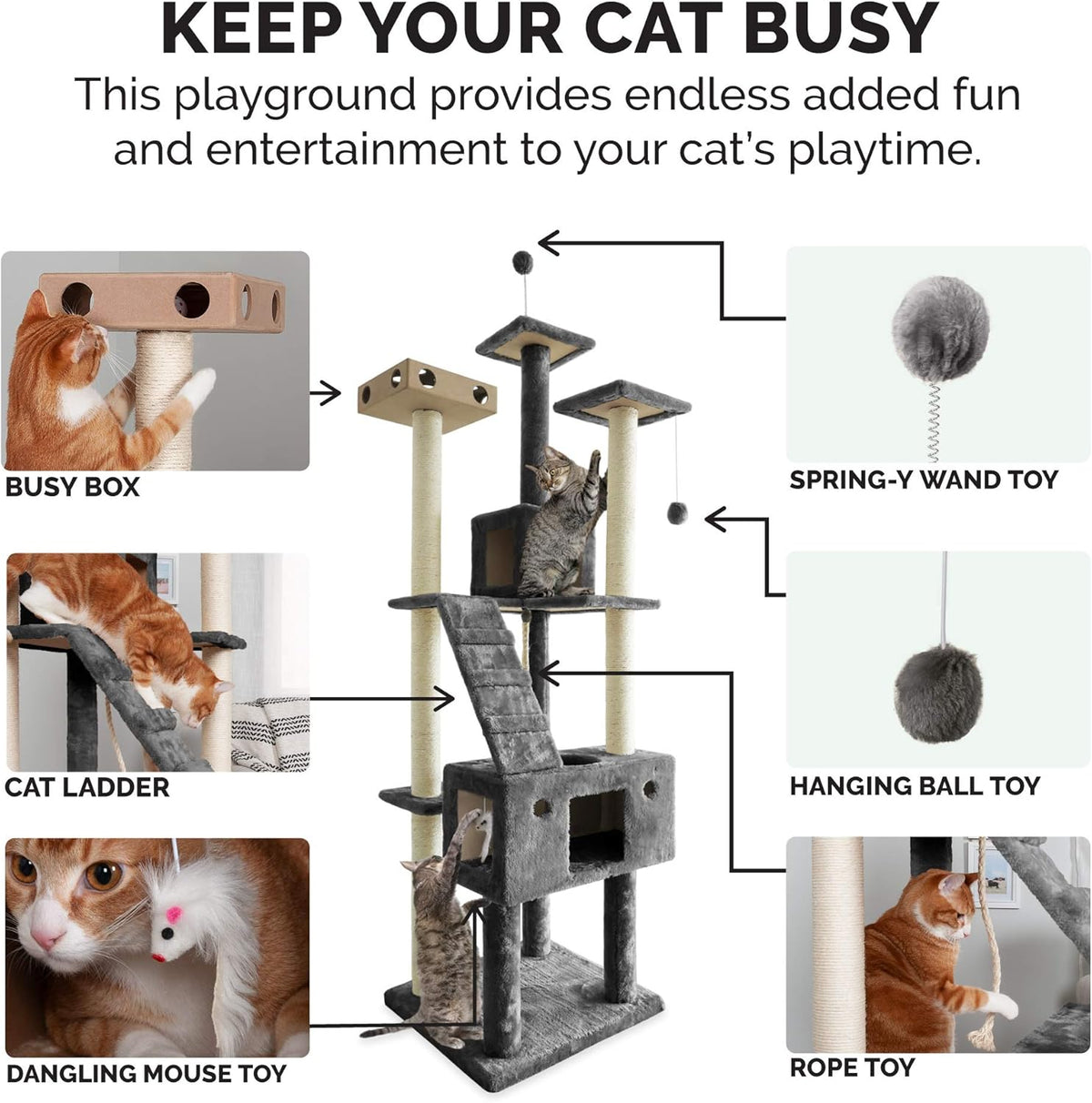 Furhaven 69.3" Tall Cat Tree for Indoor Cats, Ft. Sisal Scratching Posts, 2x Cat Condos, & Toys