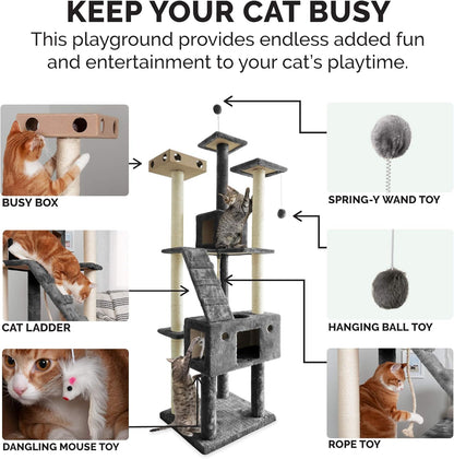 Furhaven 69.3" Tall Cat Tree for Indoor Cats, Ft. Sisal Scratching Posts, 2x Cat Condos, & Toys