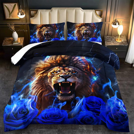 Lion Blue Comforter Set King,Lion Bedding Set Boys,Animal Print Comforter Bedroom Decor for