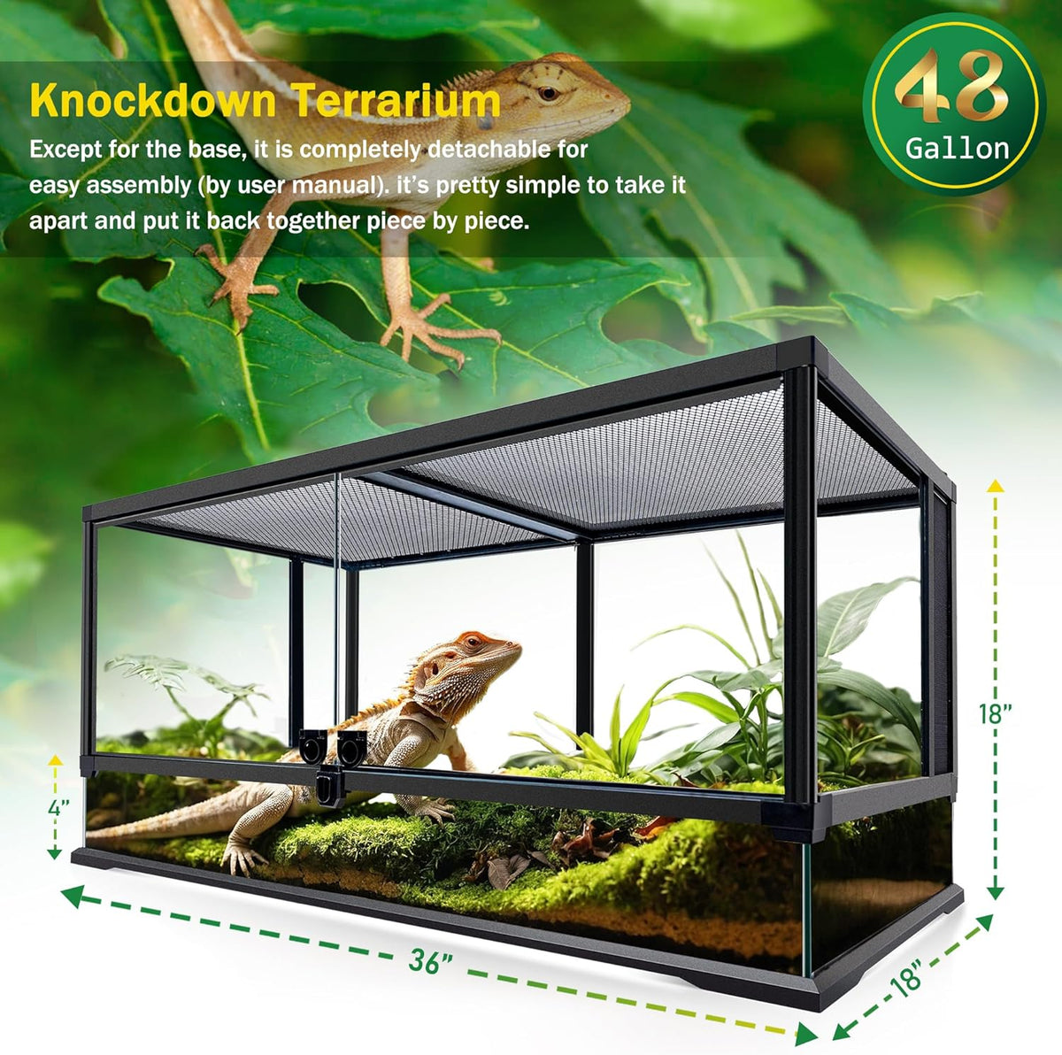 48 Gallon Professional Glass Terrarium 36"x18"x18" Durable Reptile Habitat Tank with Heat Resistant