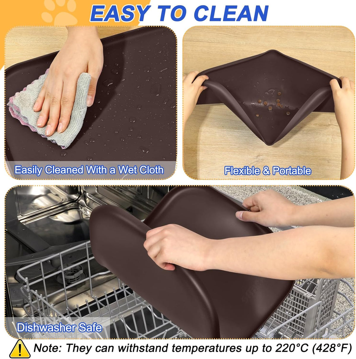 Silicone Pet Feeding Mat with Raised Edge for Food and Water, Dog Bowl Mats, Cat Bowls Placemat