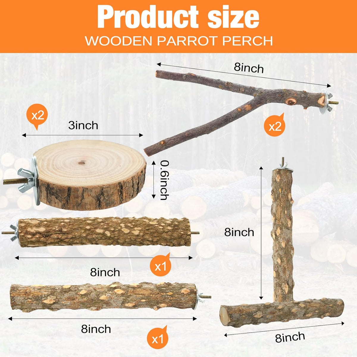 Bird Perch Stand, Pole Standing Natural Wood Bird Perch Set 7PCS Paw Grinding Fork Parrot Cage