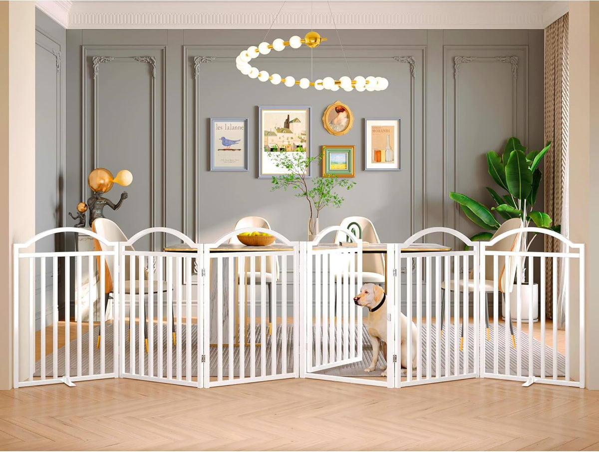 BHG Metal No-Assembly Freestanding Dog Gate with Door Walk Through, Extra Wide 144", Extra Tall 32"