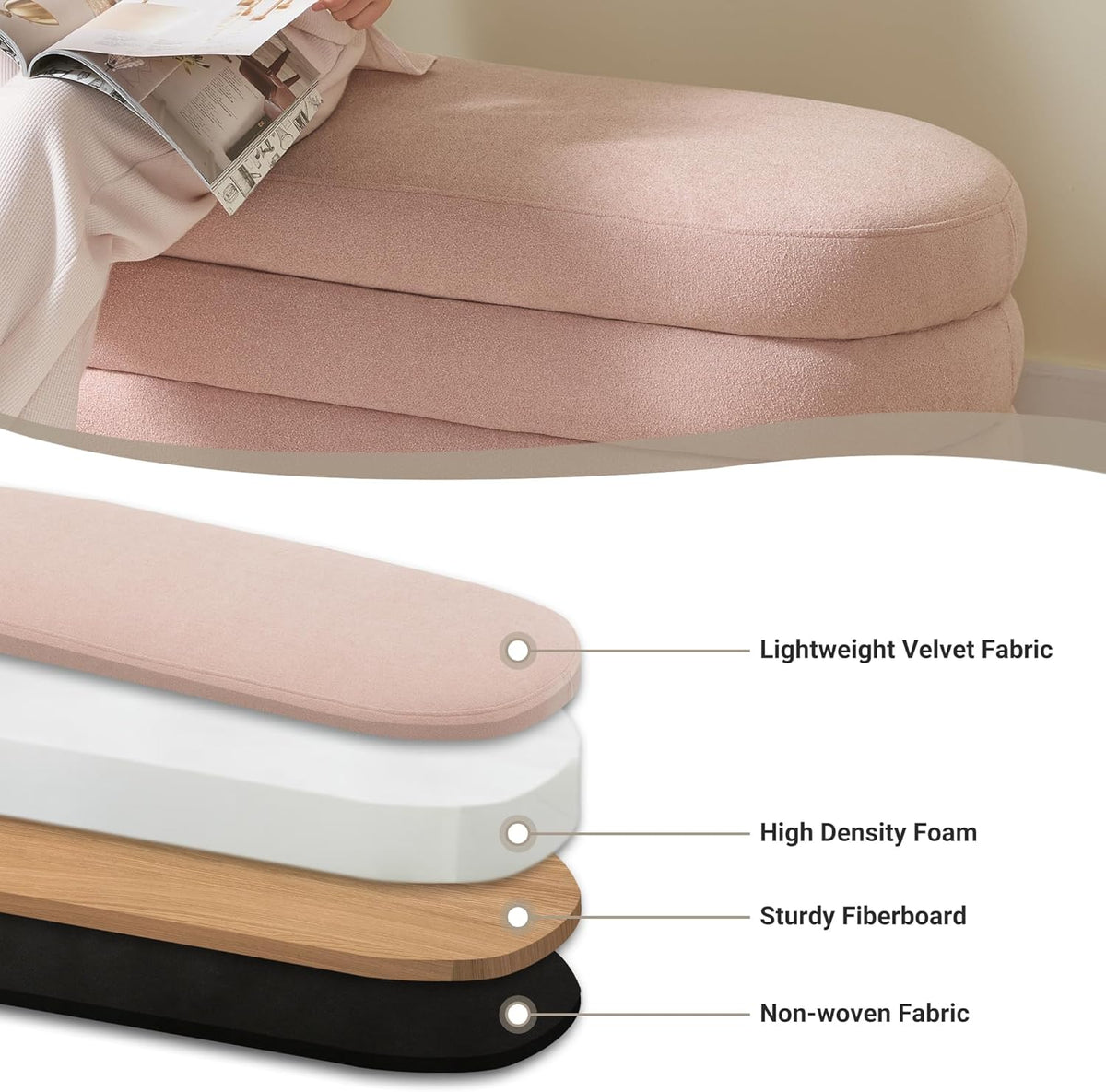 Storage Ottoman Bench 49.2 Inch Upholstered Fabric Storage Bench for Bedroom End of Bed Aesthetic