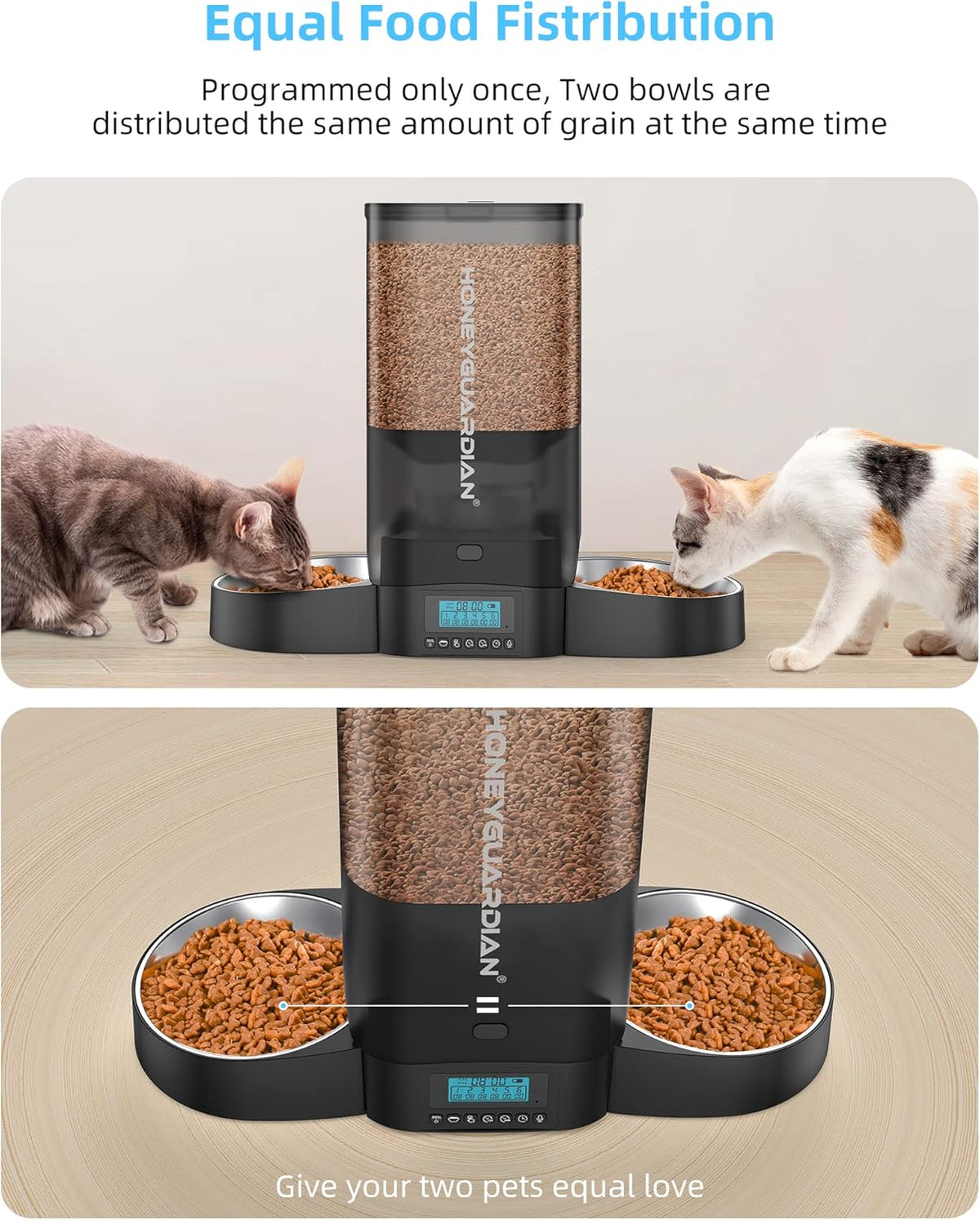 HoneyGuaridan 5L Automatic Cat Feeder for Two Cats, Cat Food Dispenser with Stainless Steel