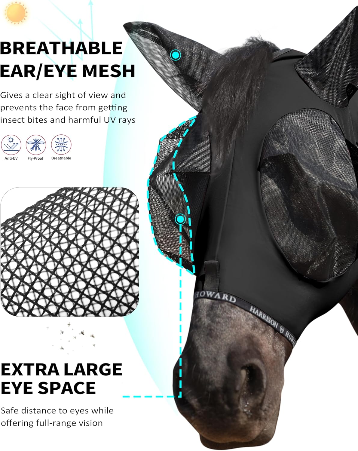 Harrison Howard Horse Fly Mask with Forelock Opening Stretch Breathable and Comfortable for Horses