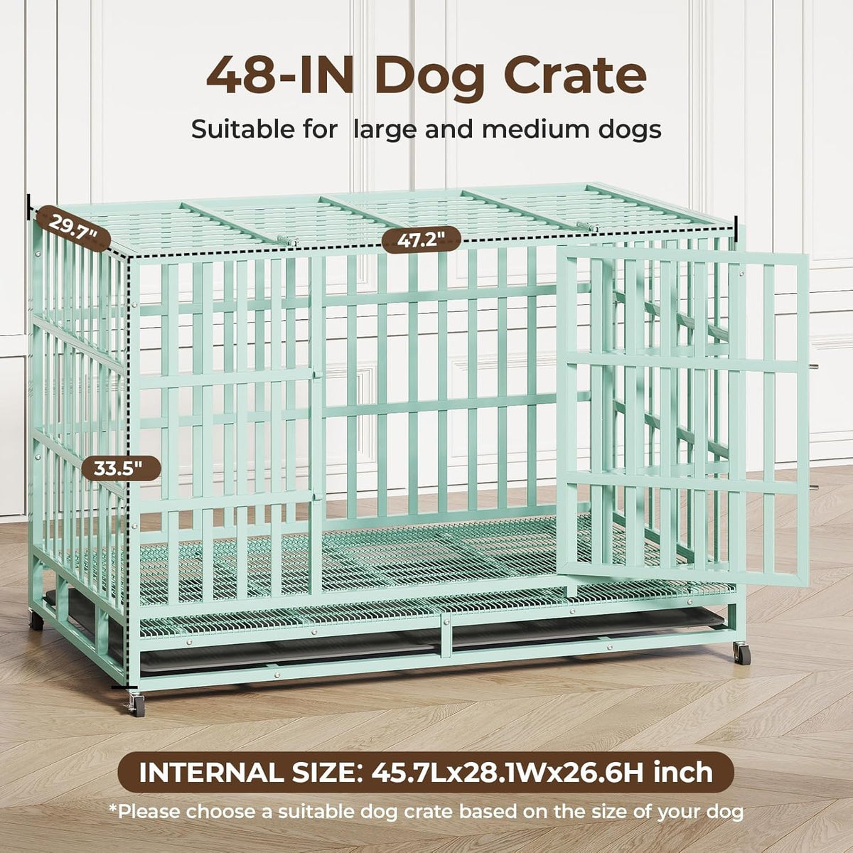 48IN Heavy Duty Dog Crate Steel Escape Proof, Indoor Double Door High Anxiety Cage Removable Tray