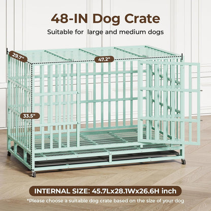 48IN Heavy Duty Dog Crate Steel Escape Proof, Indoor Double Door High Anxiety Cage Removable Tray