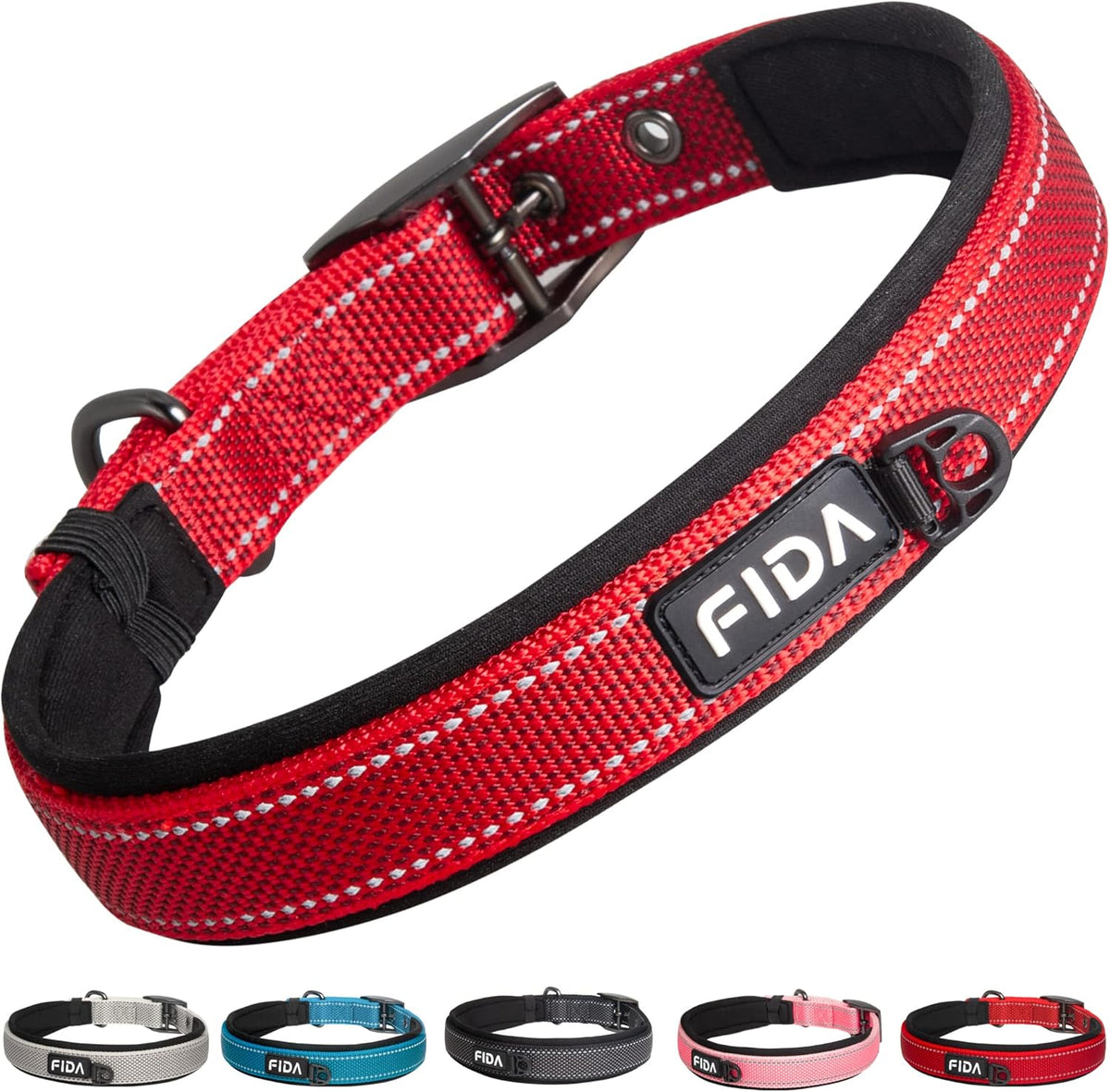 Fida Heavy Duty Dog Collar, Ultra Comfortable Soft Neoprene Padded, Adjustable Reflective Nylon Pet