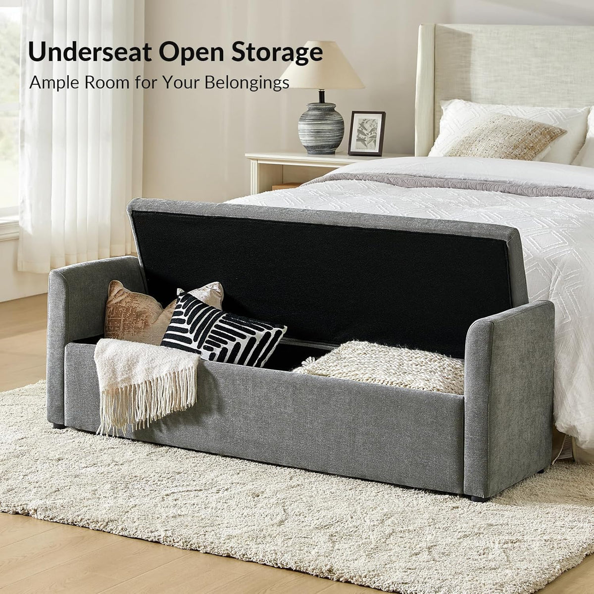 HULALA HOME Modern Storage Bench with Throw Pillows, 59.4" Extra Long Bedroom Ottoman Bench for End