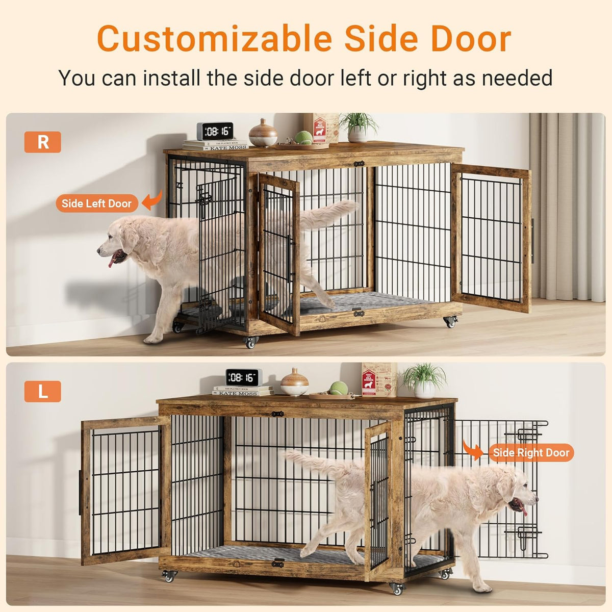 Lulive Dog Crate Furniture, XL Wooden Dog Kennel Indoor Double Doors Dog Cage, 44'' Heavy Duty Dog
