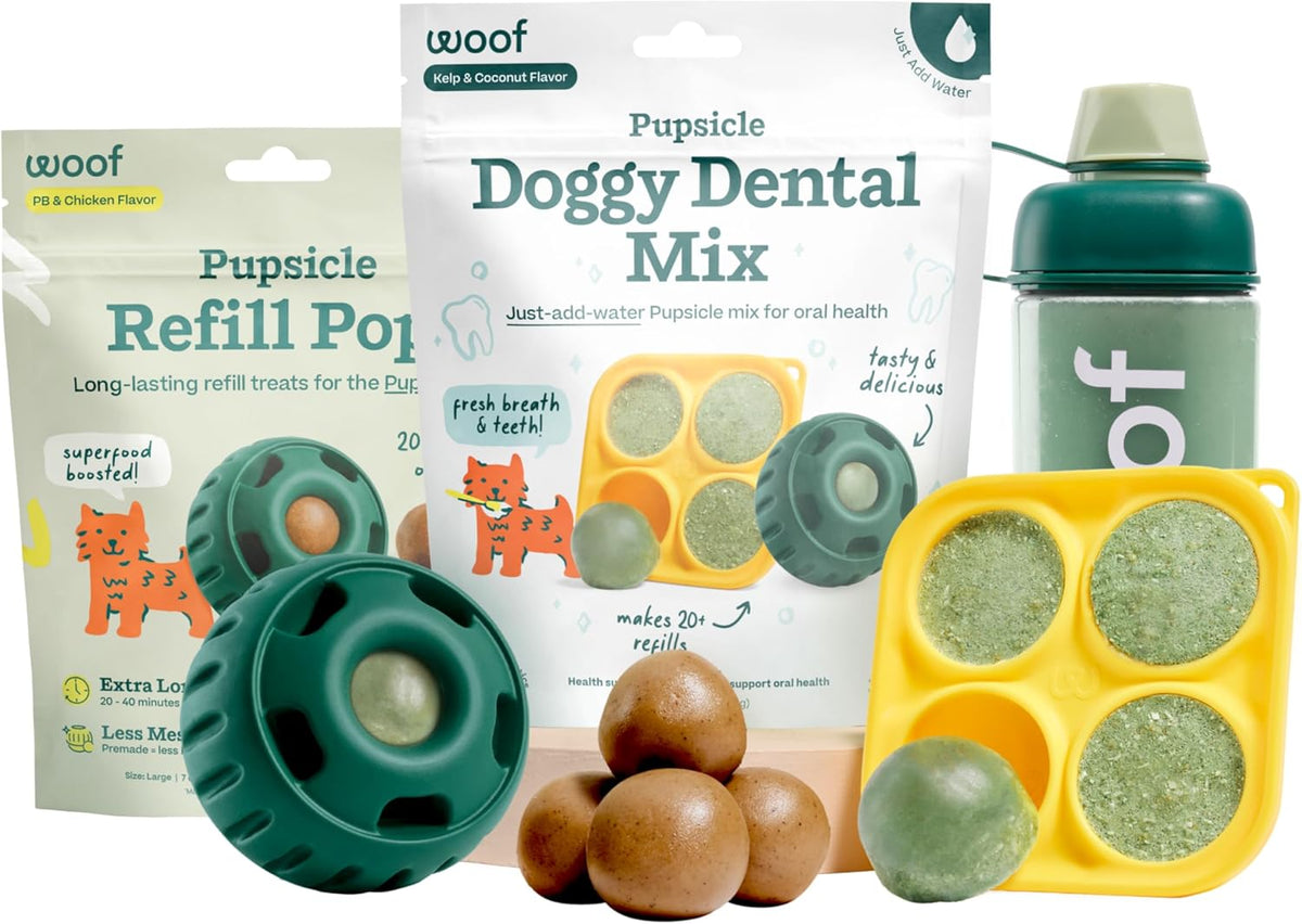 WOOF Dental Kit- Includes Pupsicle Dog Toy, Treat Tray, Shaker Bottle, Chicken Pupsicle Pops, and