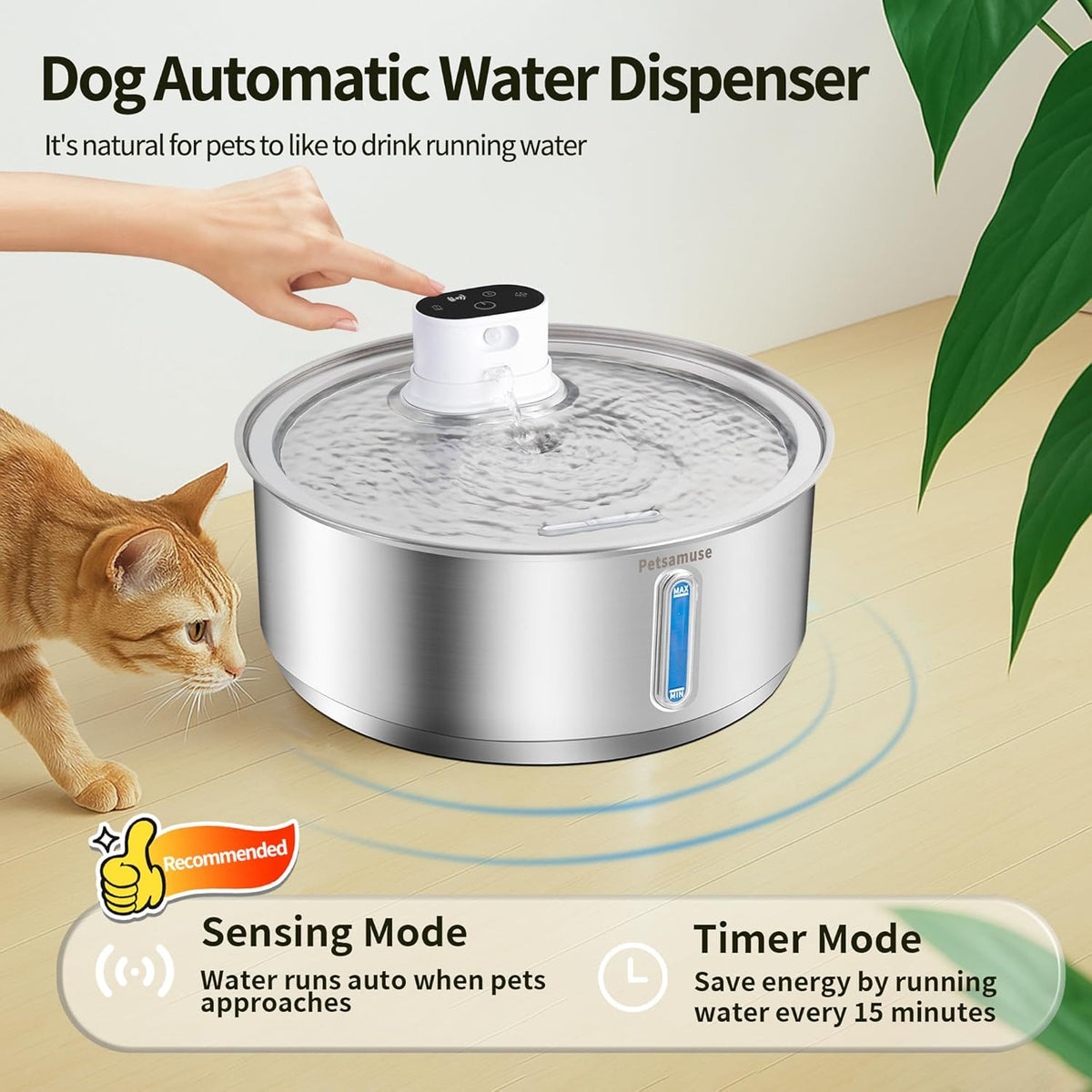 Wireless Dog Water Fountain, 2.1Gal/8L Battery Operated Stainless Steel Pet Water Fountain Motion