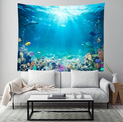 Loccor Underwater World Tapestry Blue Ocean Wall Hanging Under the Sea Coral Reef Wall Tapestry