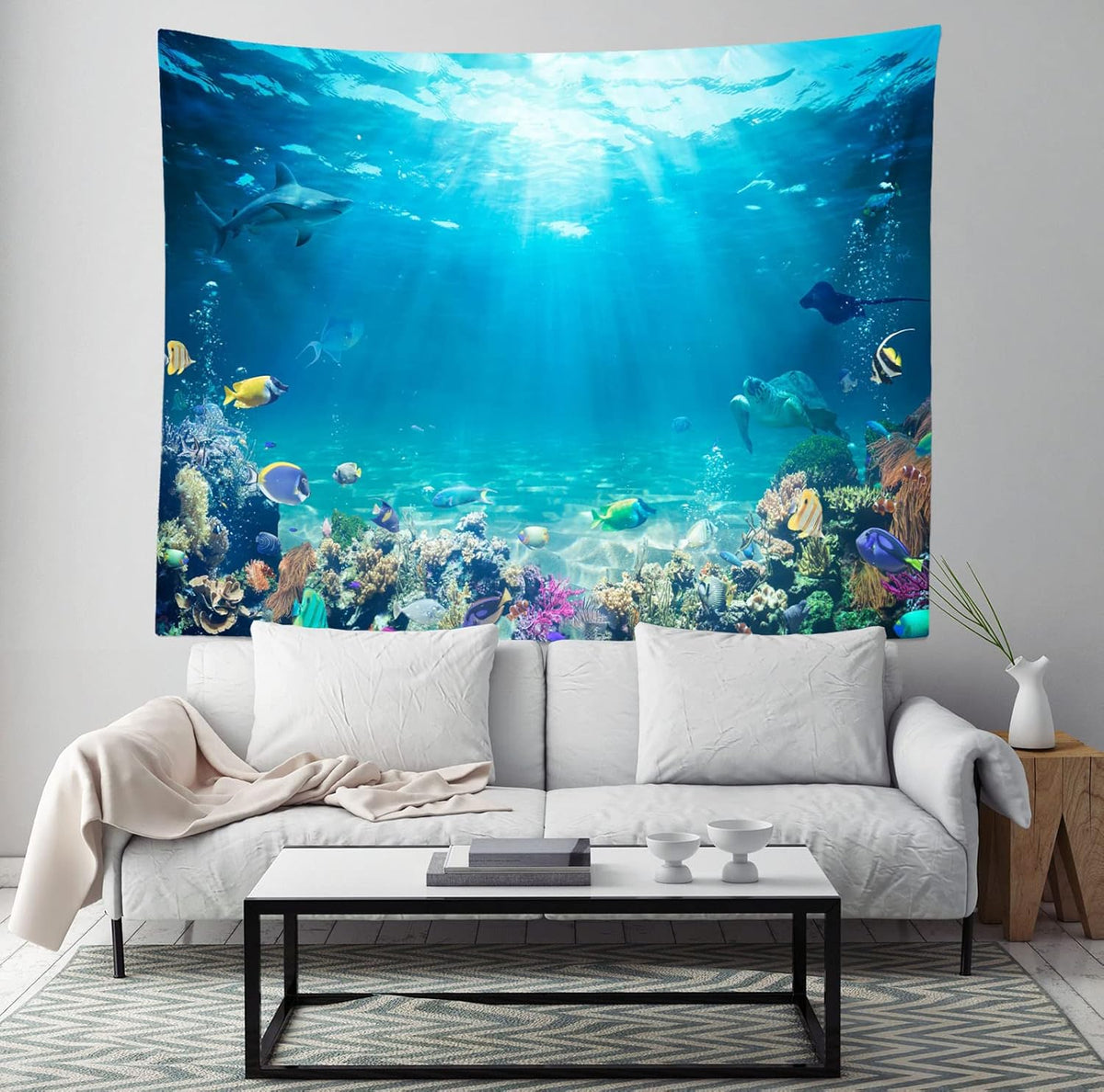 Loccor Underwater World Tapestry Blue Ocean Wall Hanging Under the Sea Coral Reef Wall Tapestry