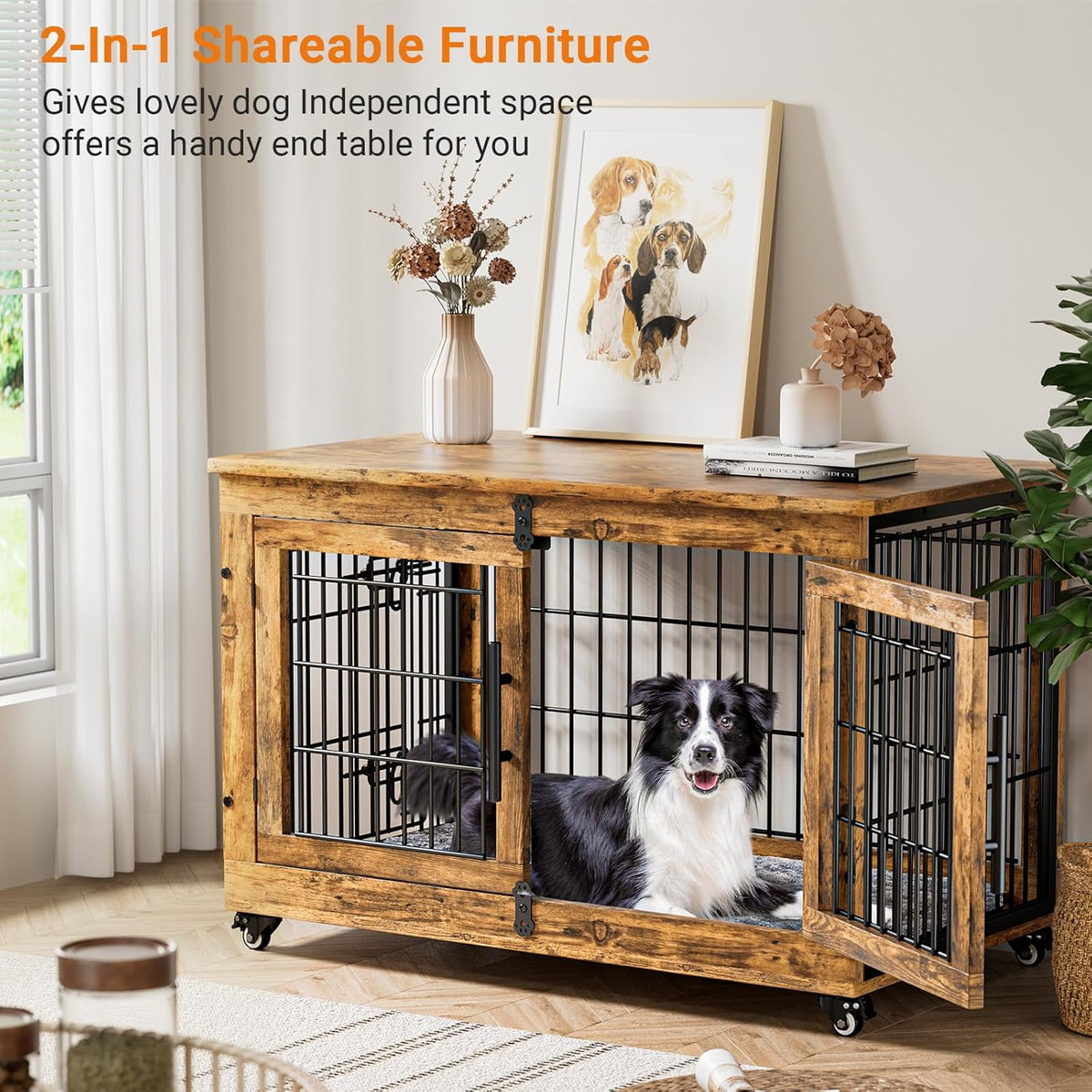 Lulive Dog Crate Furniture Set of 2, Dog Kennel Indoor Double Doors Wooden Dog Cage, 38'' Heavy