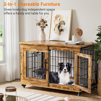 Lulive Dog Crate Furniture Set of 2, Dog Kennel Indoor Double Doors Wooden Dog Cage, 38'' Heavy