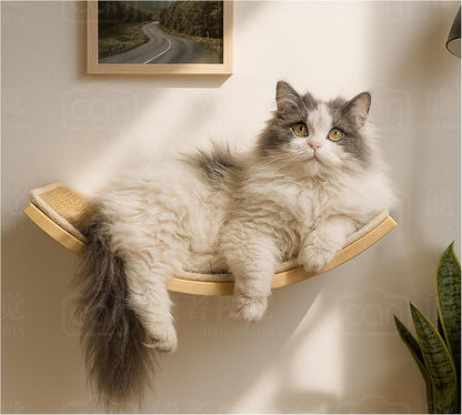 Wood Cat Wall Bed with Sisal Mat – Curved Cats Shelf for Scratching and Sleeping, Wall Mounted Cat