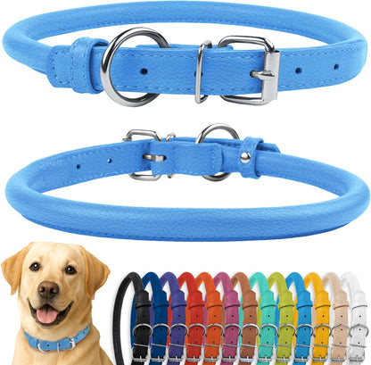 CollarDirect Rolled Leather Dog Collar, Soft Padded Round Puppy Collar, Handmade Genuine Leather