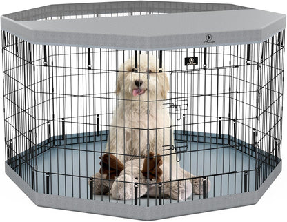 PJYuCien Dog Playpen, 8 Panels 36”H Dog Playpen Indoor with Grey Bottom Pad and Top Cover, Metal