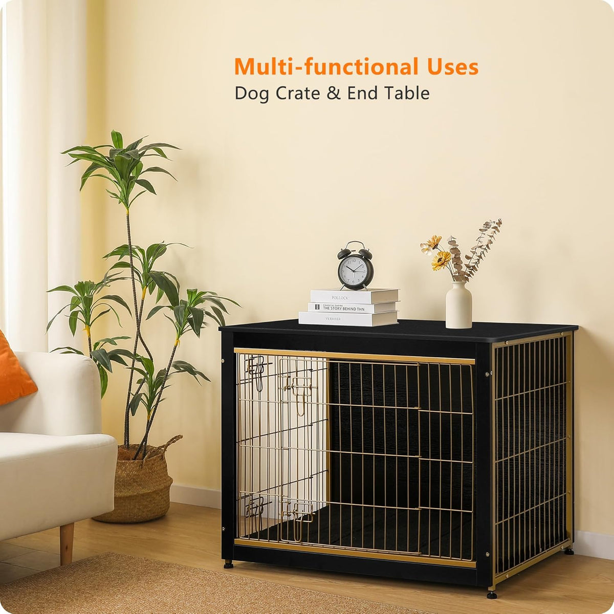 DWANTON Dog Crate Furniture with Cushion, Wooden Kennel Table with Double Doors, Indoor Dog House