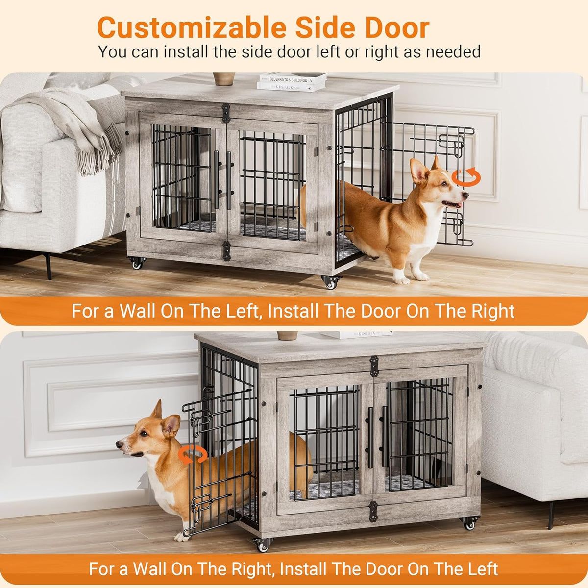Lulive Dog Crate Furniture for Medium Dogs, 32'' Dog Kennel Indoor with Cushion & Wheels Wooden Dog