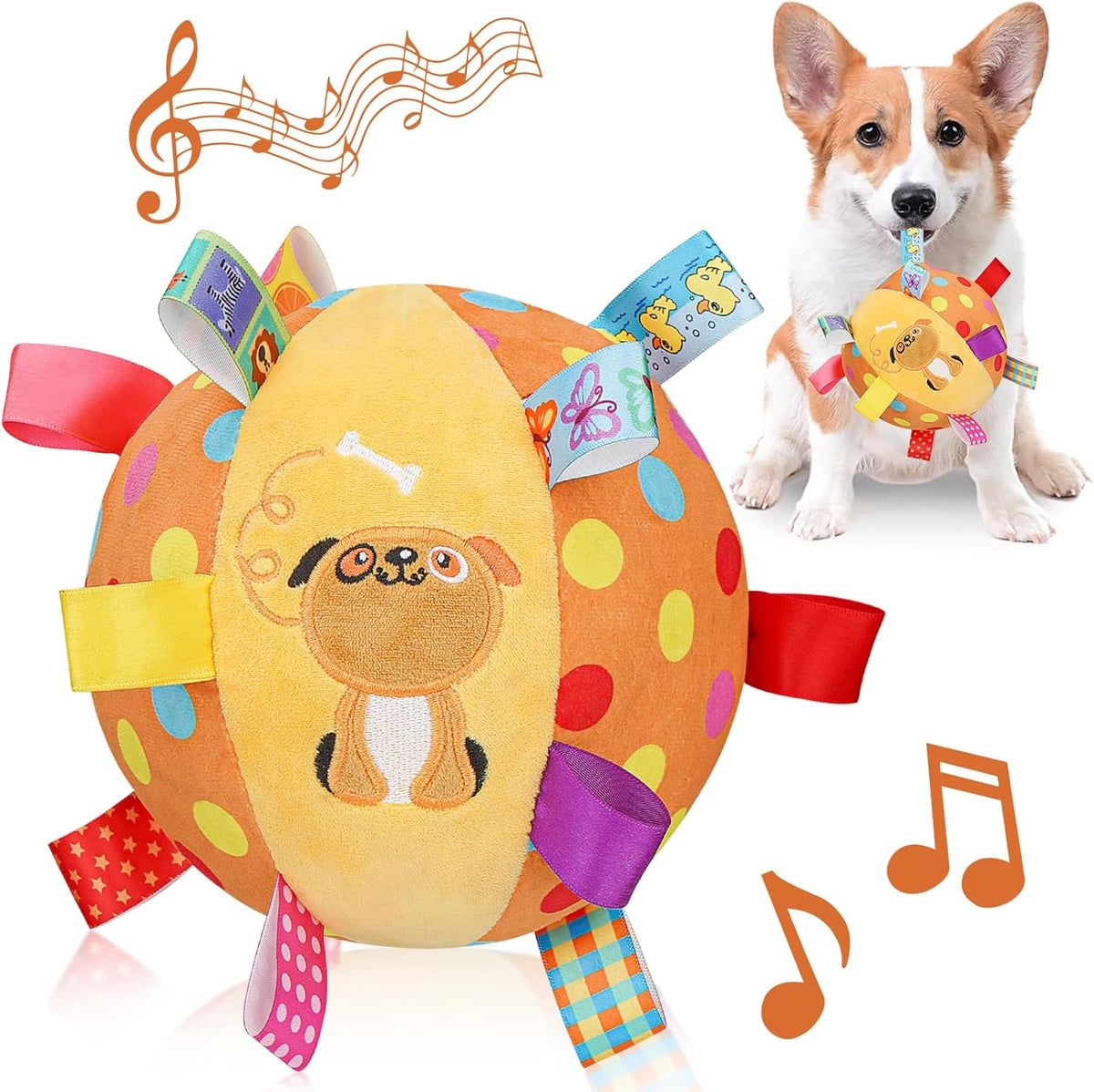 Dog Squeaky Plush Toy with Straps, 6-Inch Soft Stuffed Ball with Cotton Material and Bell Built-in