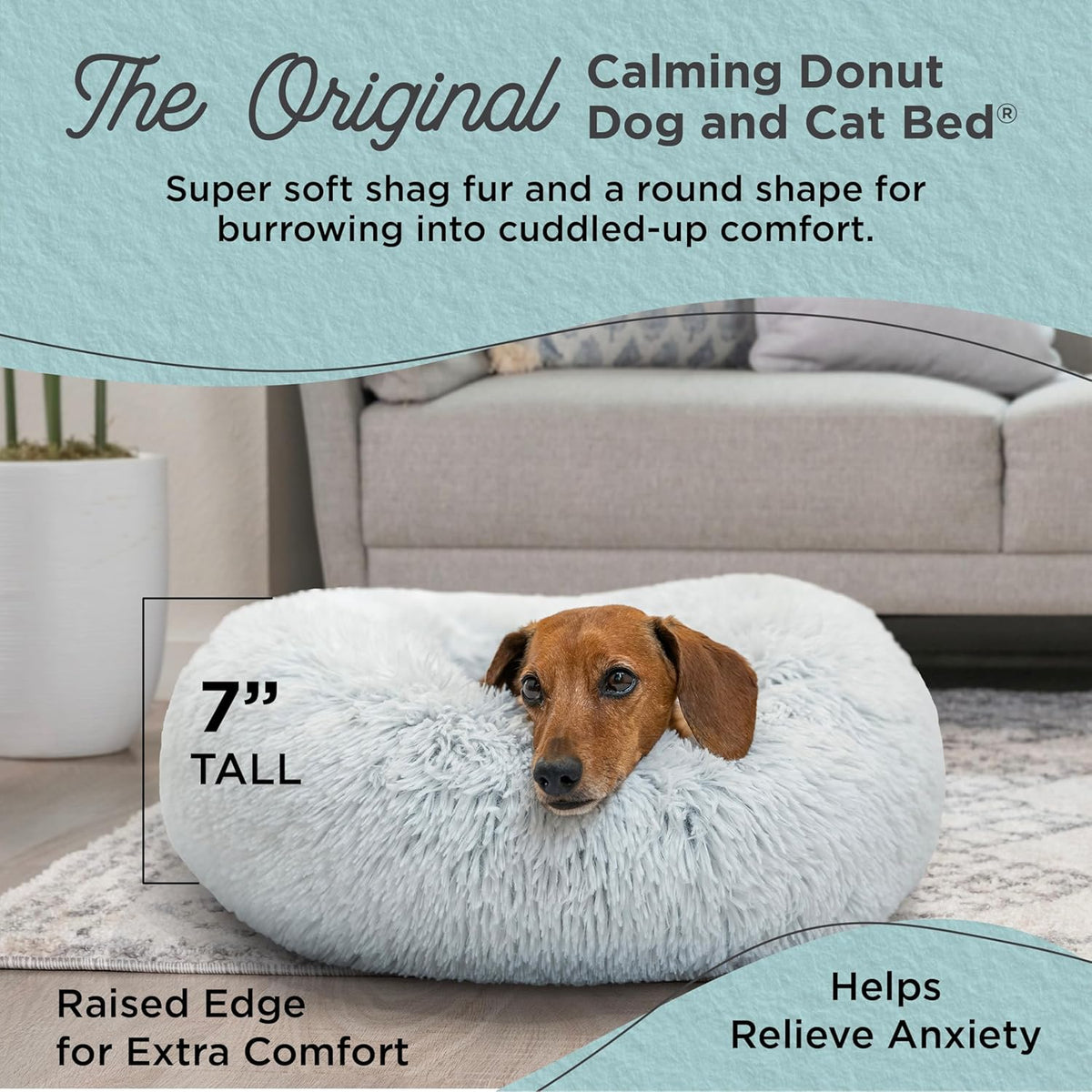 Best Friends by Sheri Original Calming Donut Dog and Cat Bed, Shag Faux Fur, Frost Gray, (23in x