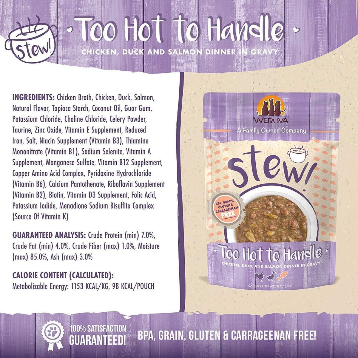 Weruva Classic Cat Stews!, Too Hot to Handle with Chicken, Duck & Salmon in Gravy, 3oz Pouch (Pack