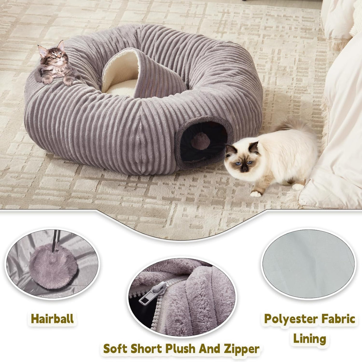 Large Cat Tunnel Bed for Indoor Cats,Cat Donut Tunnel Toy with Washable Circle Cushion,Blackout