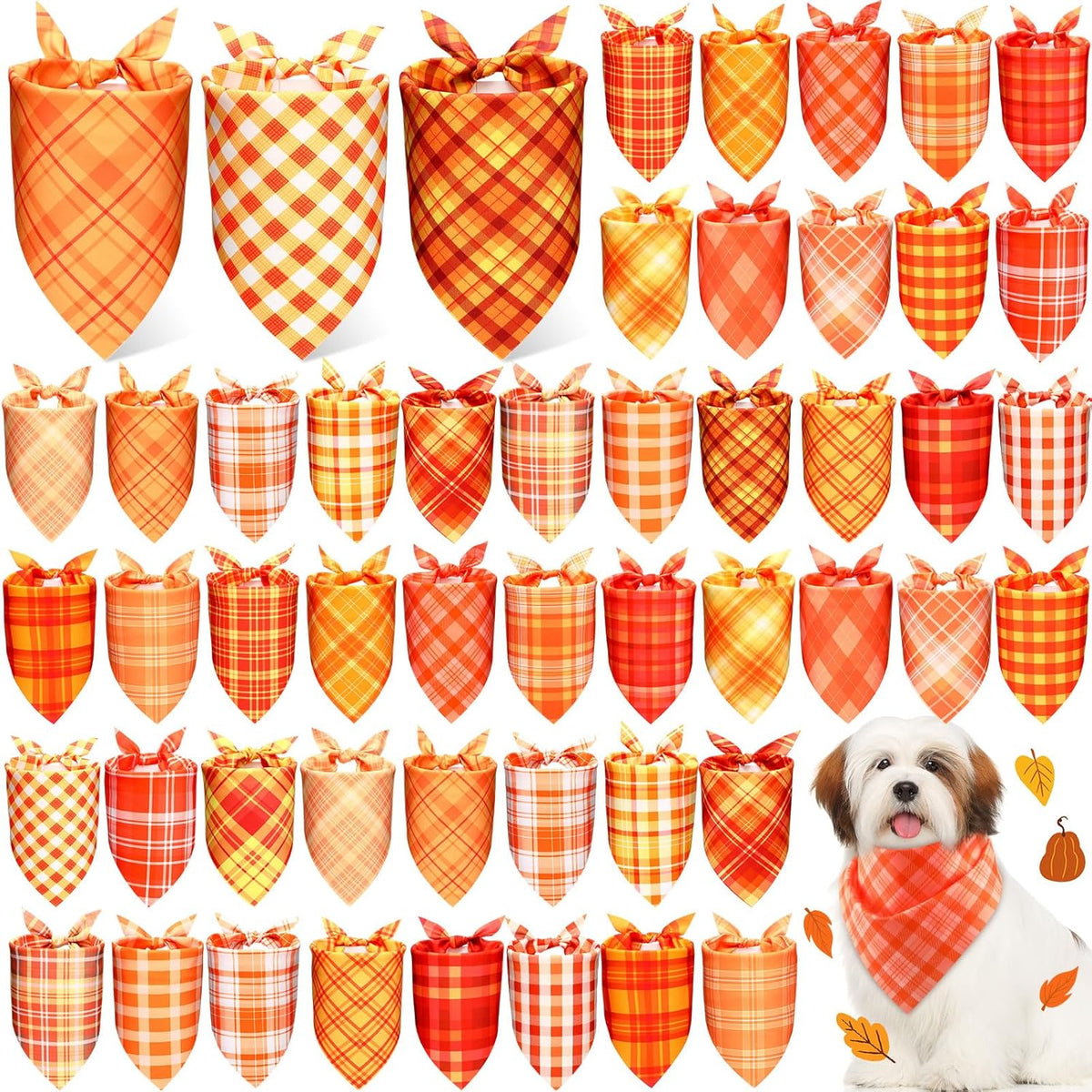 Abbylike 50 Pcs Fall Plaid Dog Bandanas Bulk Thanksgiving Bandanas for Dogs Triangle Kerchief Bib