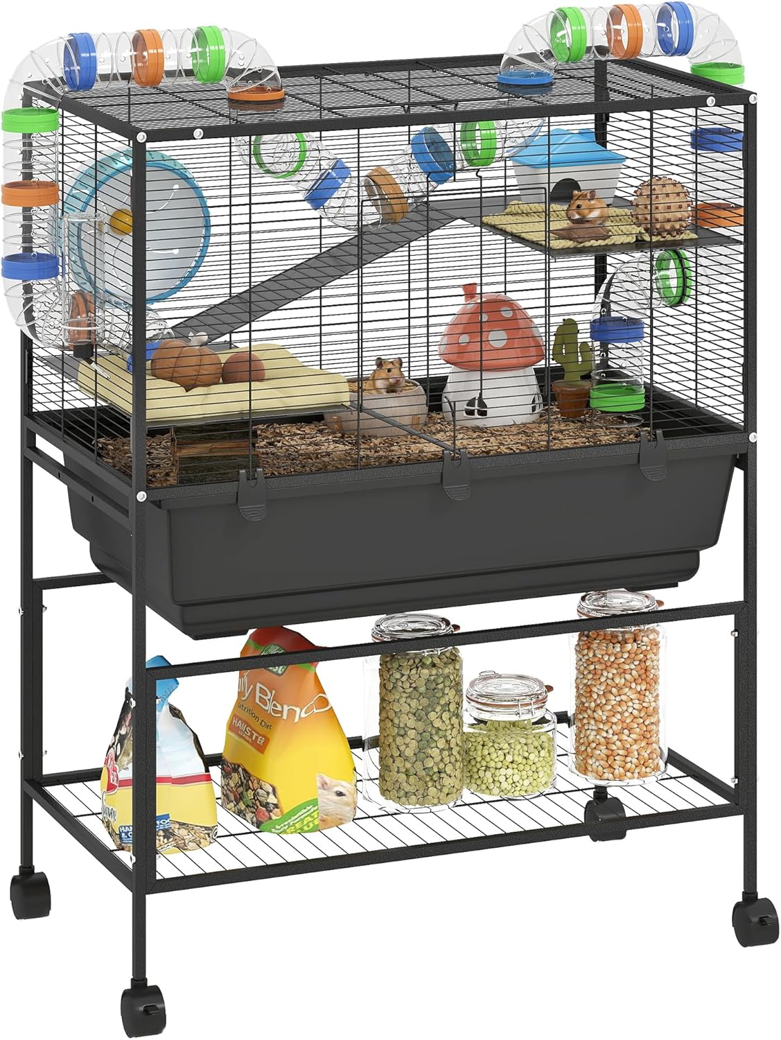 PawHut Hamster Cage with Deep Tray, 3 Tier Rolling Rat Cage with Storage Shelf, Big Exercise Wheel
