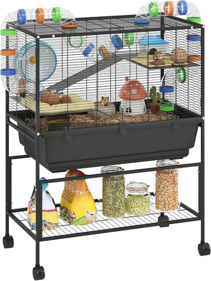 PawHut Hamster Cage with Deep Tray, 3 Tier Rolling Rat Cage with Storage Shelf, Big Exercise Wheel