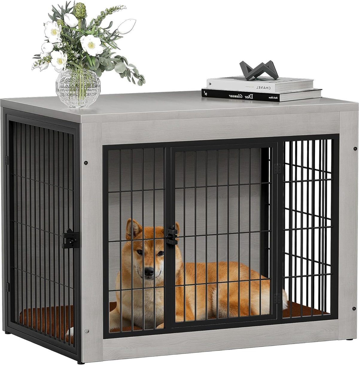 Bigrab Dog Crate Furinture with Thick Cushion, Side End Table Wooden Dog Cage with Double Doors