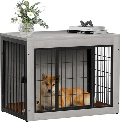 Bigrab Dog Crate Furinture with Thick Cushion, Side End Table Wooden Dog Cage with Double Doors