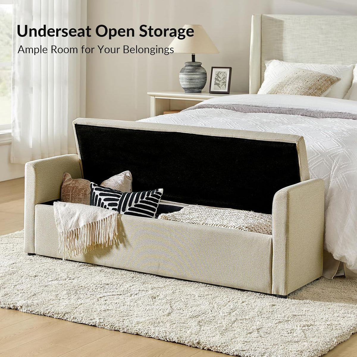 HULALA HOME Modern Storage Bench with Throw Pillows, 59.4" Extra Long Bedroom Ottoman Bench for End