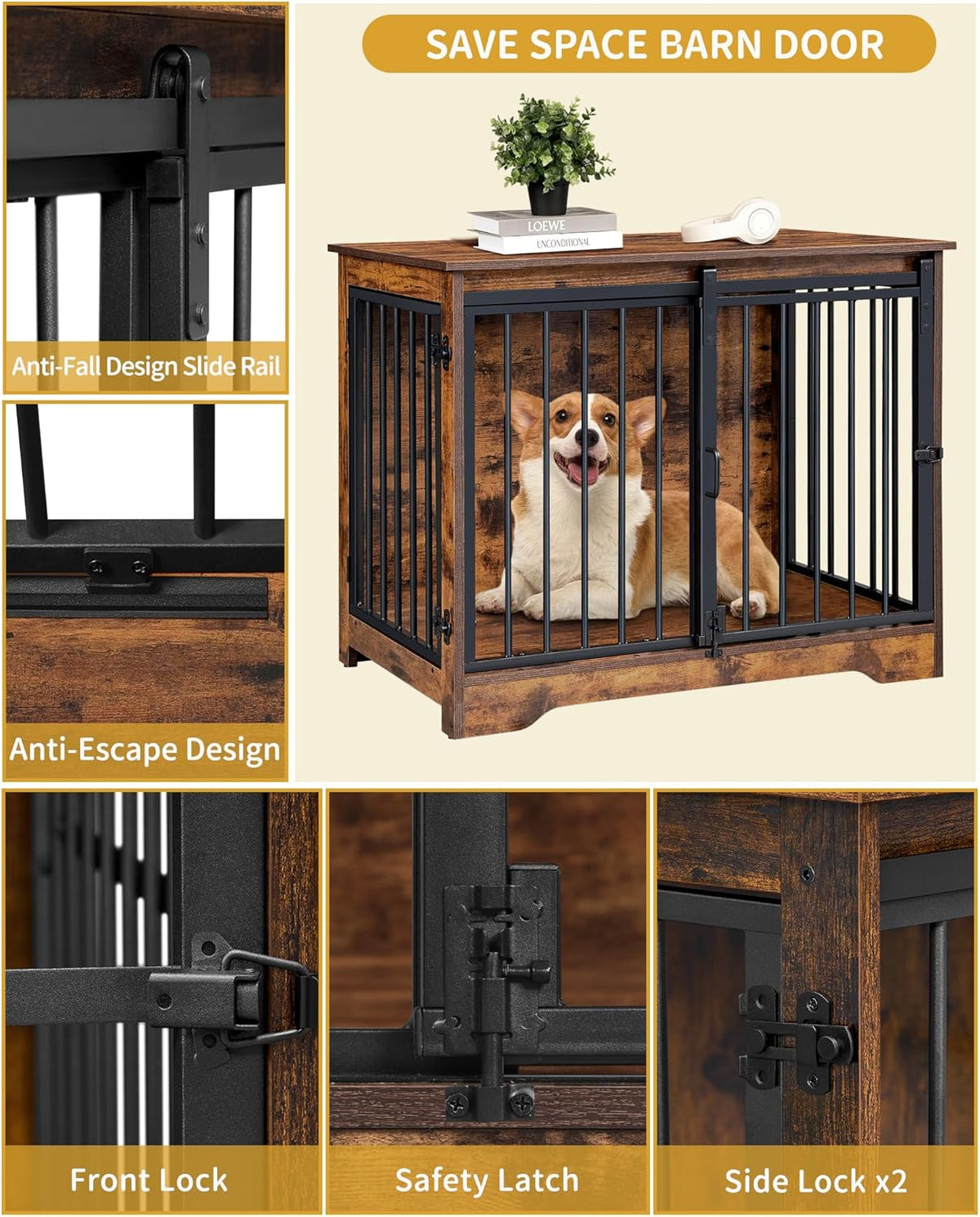 31.9" Dog Crate Furniture with Barn Door, Heavy Duty Dog Kennel Indoor with 2 Doors, Wooden Pet