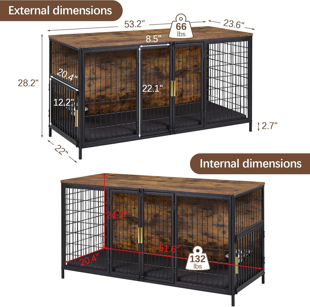 VECELO Dog Crate Furniture for Medium/Large Dogs, Wooden Dog Cage with Cushion, Double Door, Dog