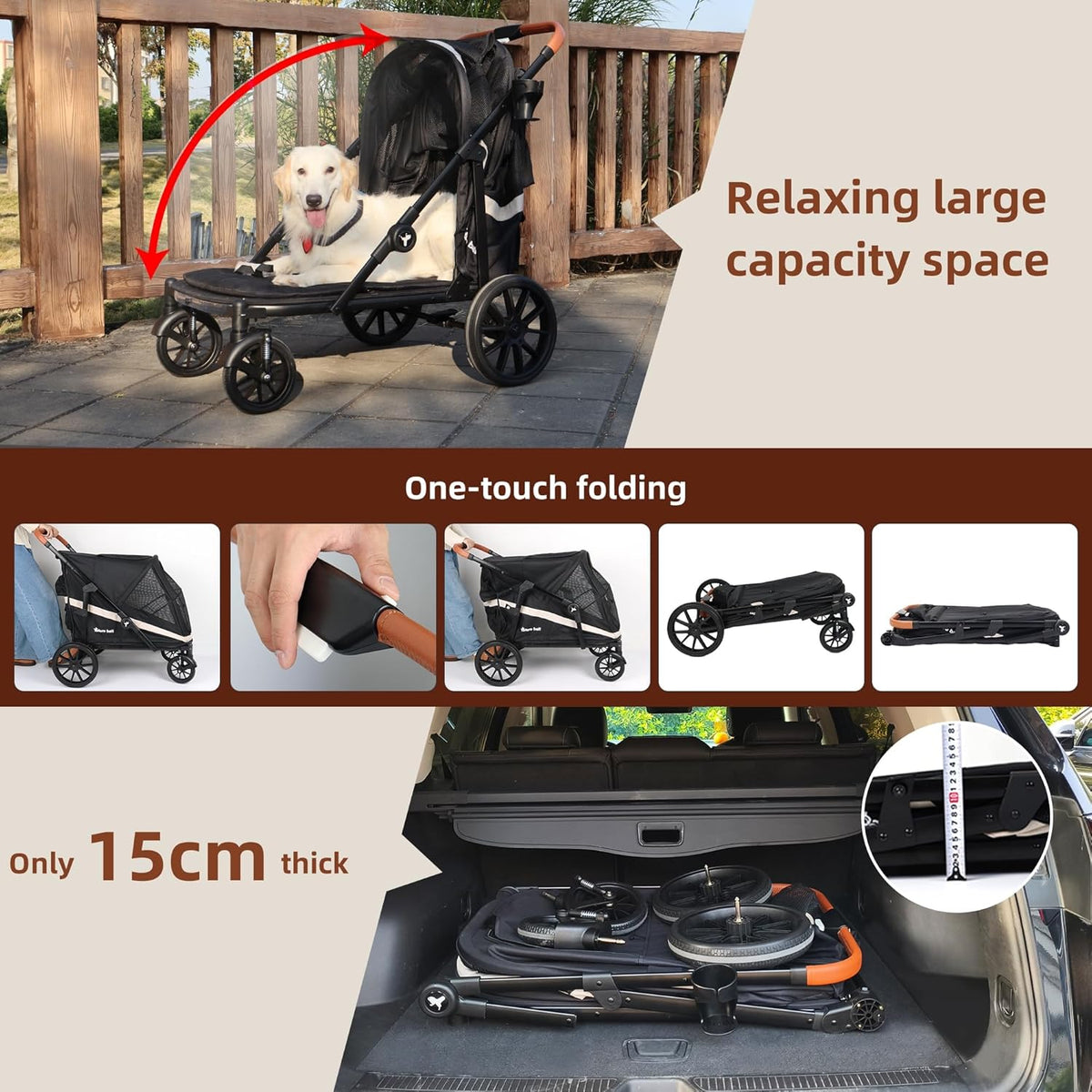 Dog Stroller for Large Dogs One-Click Folding 4 Wheel Foldable Dog Stroller for 2 Dogs with Storage