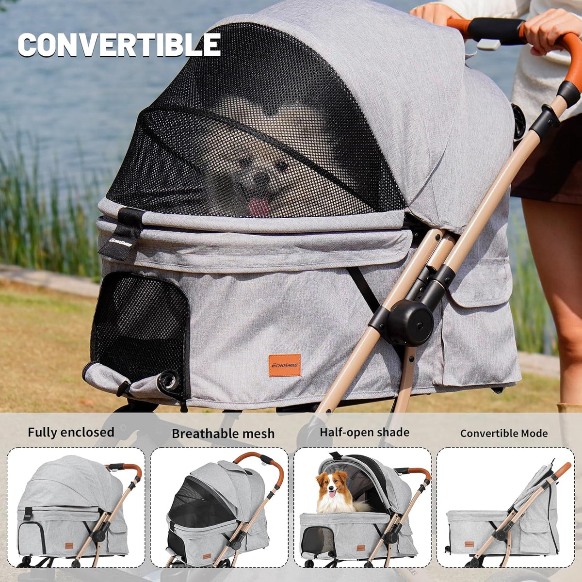 EchoSmile Small Medium Dogs Stroller 4-Wheel Pet Strollers for Medium Dogs Up to 50lbs, One Click
