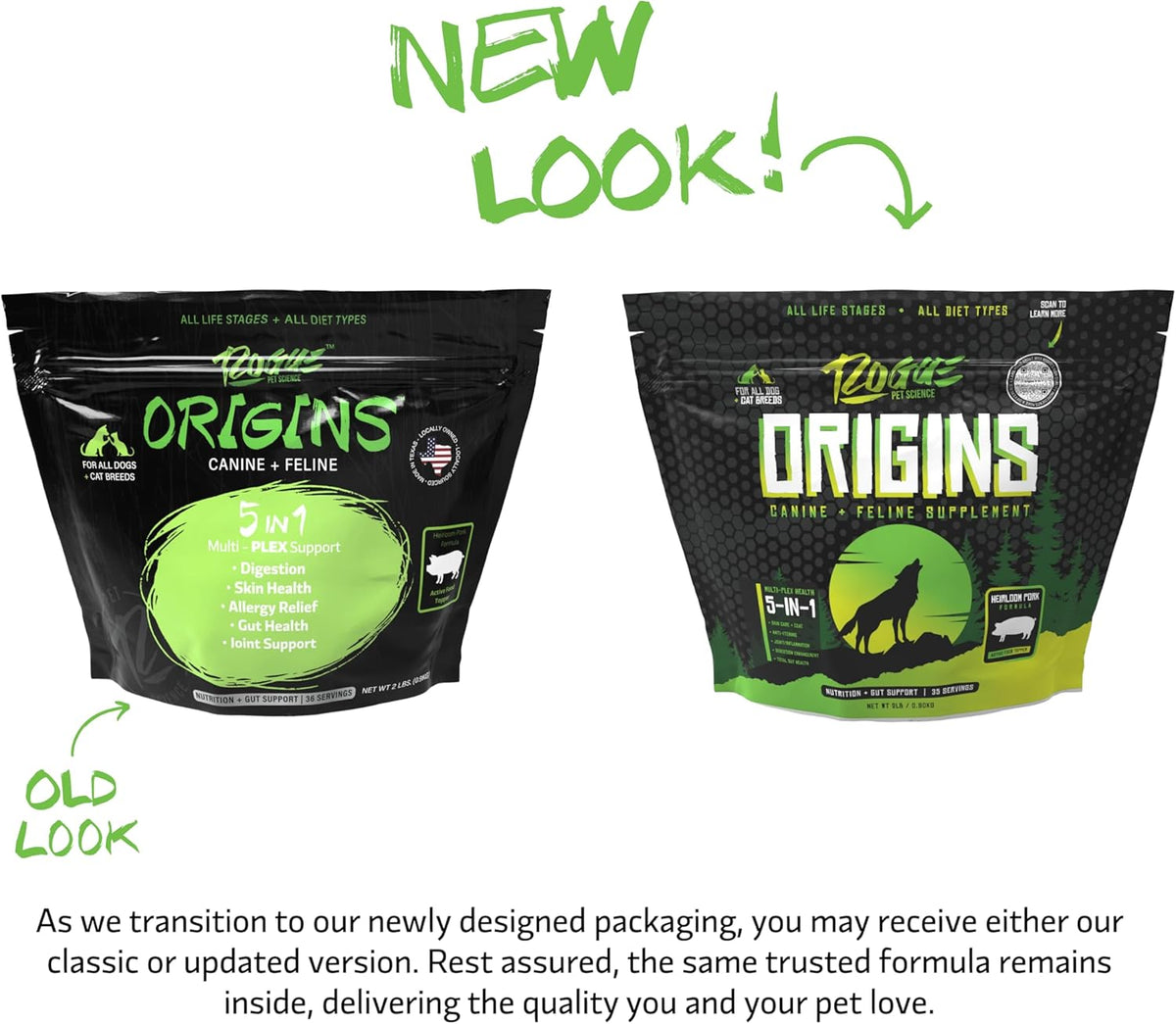 Origins 5-in-1 Dog Supplement - Powdered Food Topper w/Natural Heirloom Pork Protein- Supports
