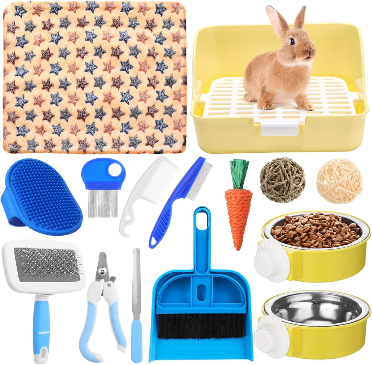 15 Pcs Rabbit Starter Kit Small Rabbit Litter Box Animal Grooming Kit Bunny Toys Bowl Blankets with
