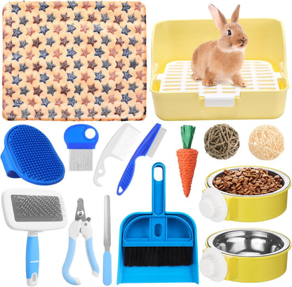 15 Pcs Rabbit Starter Kit Small Rabbit Litter Box Animal Grooming Kit Bunny Toys Bowl Blankets with