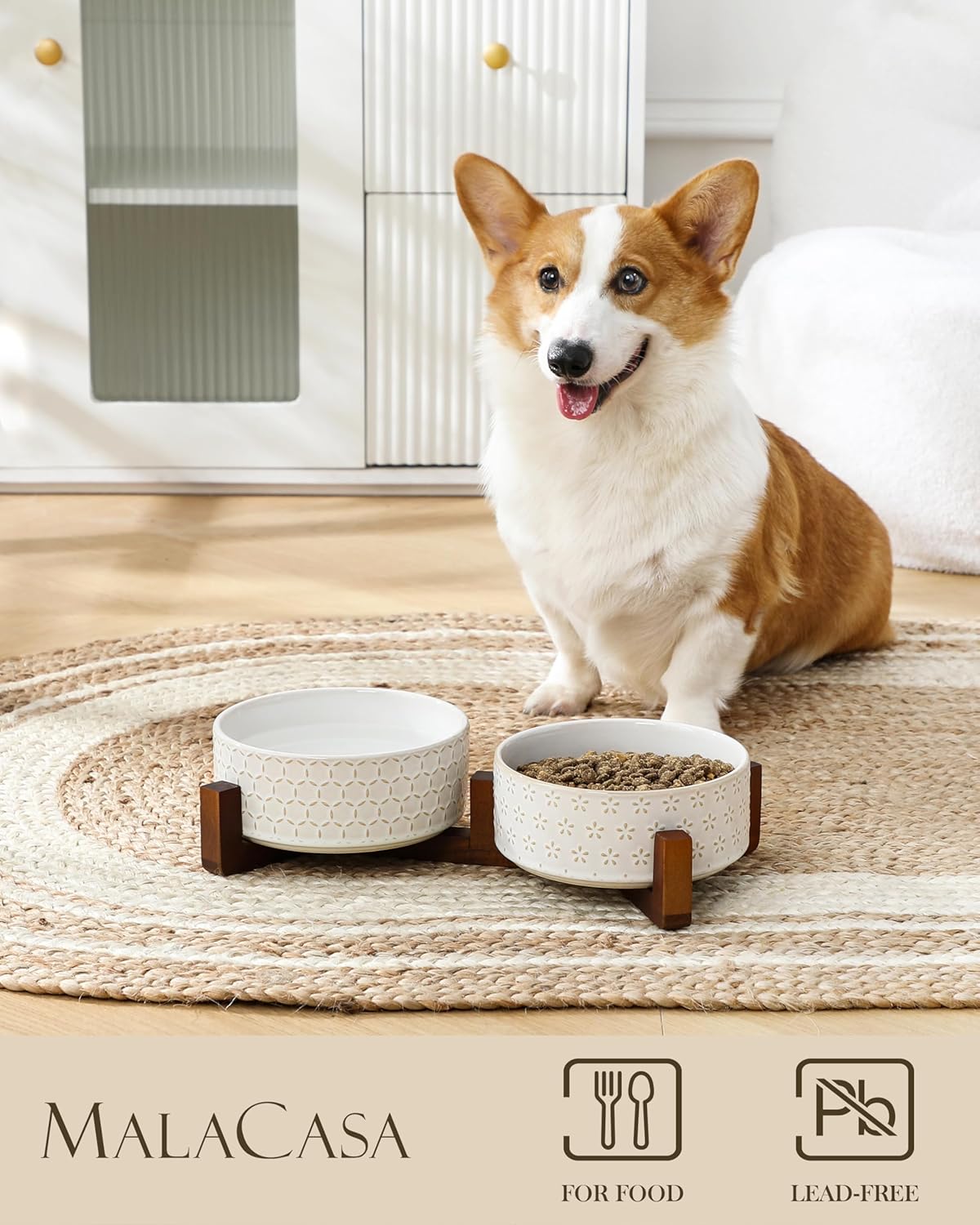MALACASA Dog Bowl Set with Walnut Wood Stand, 3.5 Cups Ceramic Pet Bowls for Puppy Dogs, Dual Food