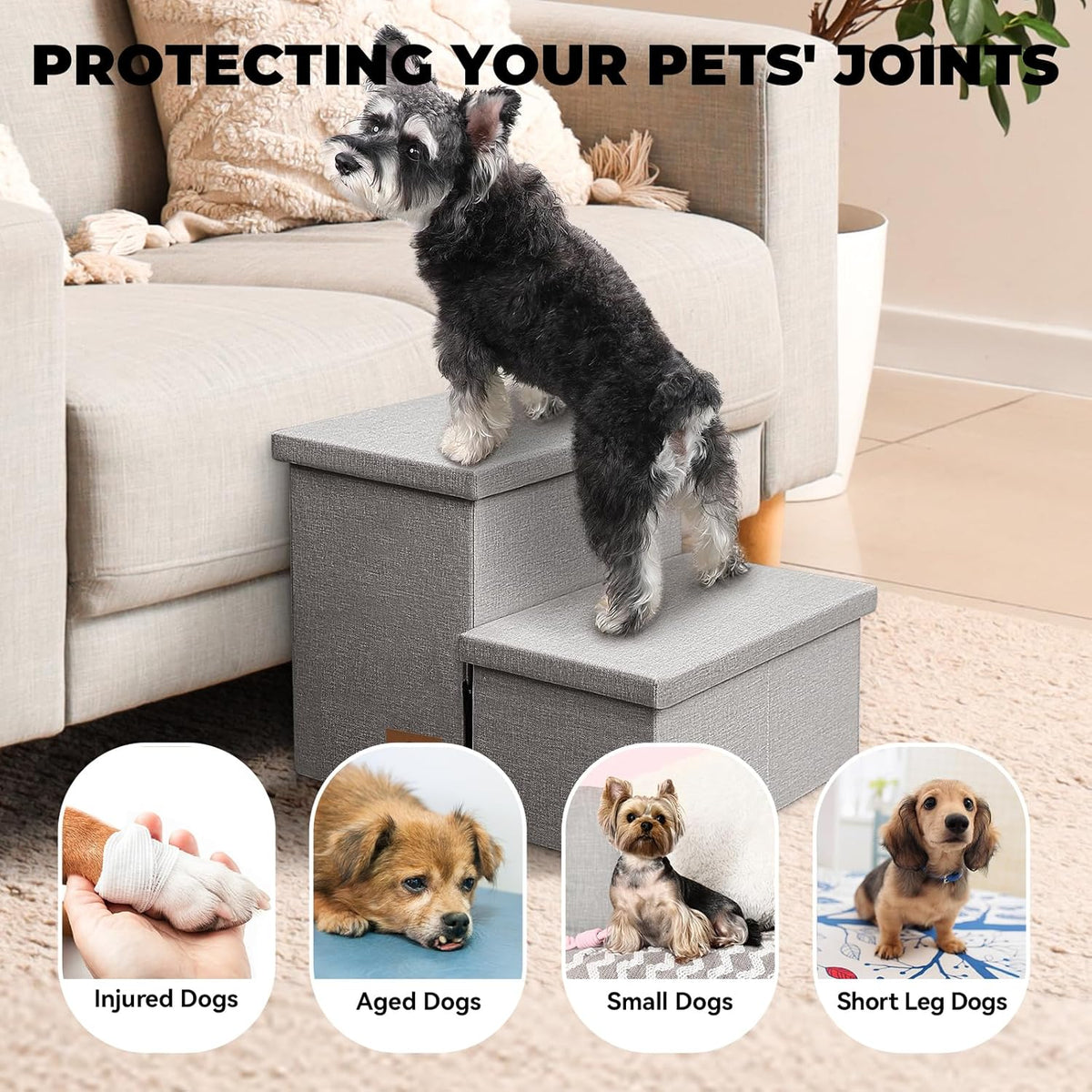 Dog Stairs with Storage 12" H, 2-Step Wider Dog Steps for Dogs Cats, Folding Sturdy Pet Stairs
