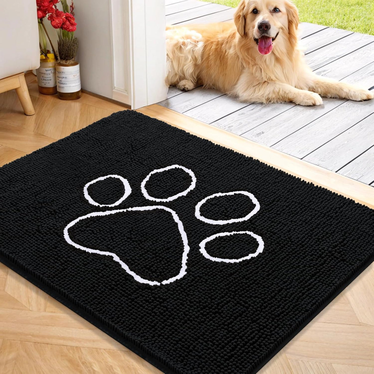 OLANLY Door Mat for Muddy Dog Paws 40x32, Ultra Absorbent Chenille Mud Doormat with Paw Print